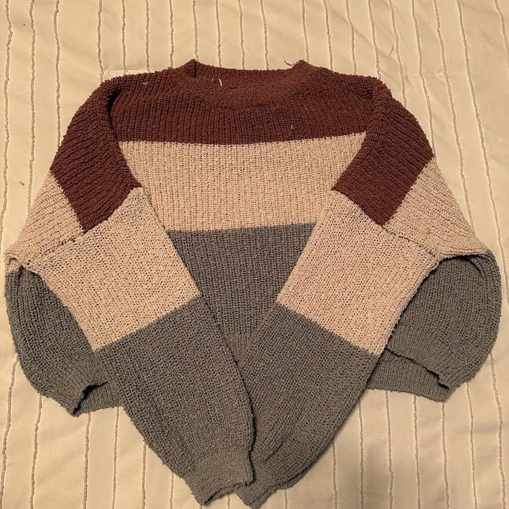 Colorblock Knit Sweater - Brown, Beige, Gray